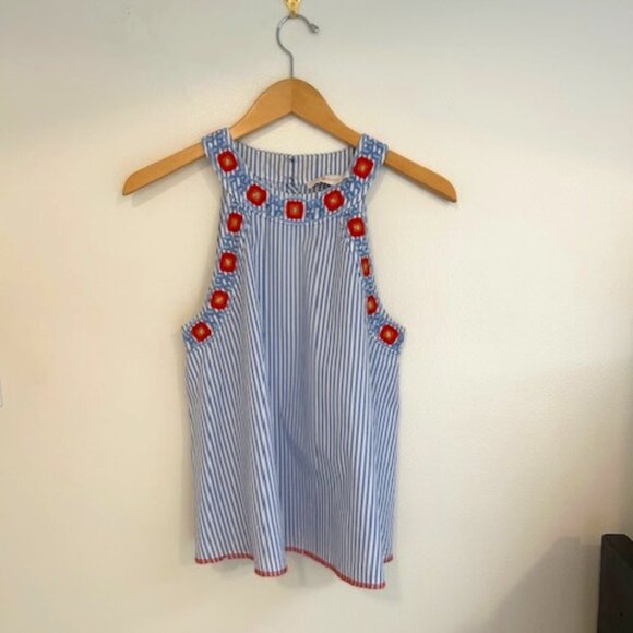 Tory Burch Blue Orange Embroidered Meg Stripped Sleeveless Blouse- Size 6 - Picture 2 of 7
